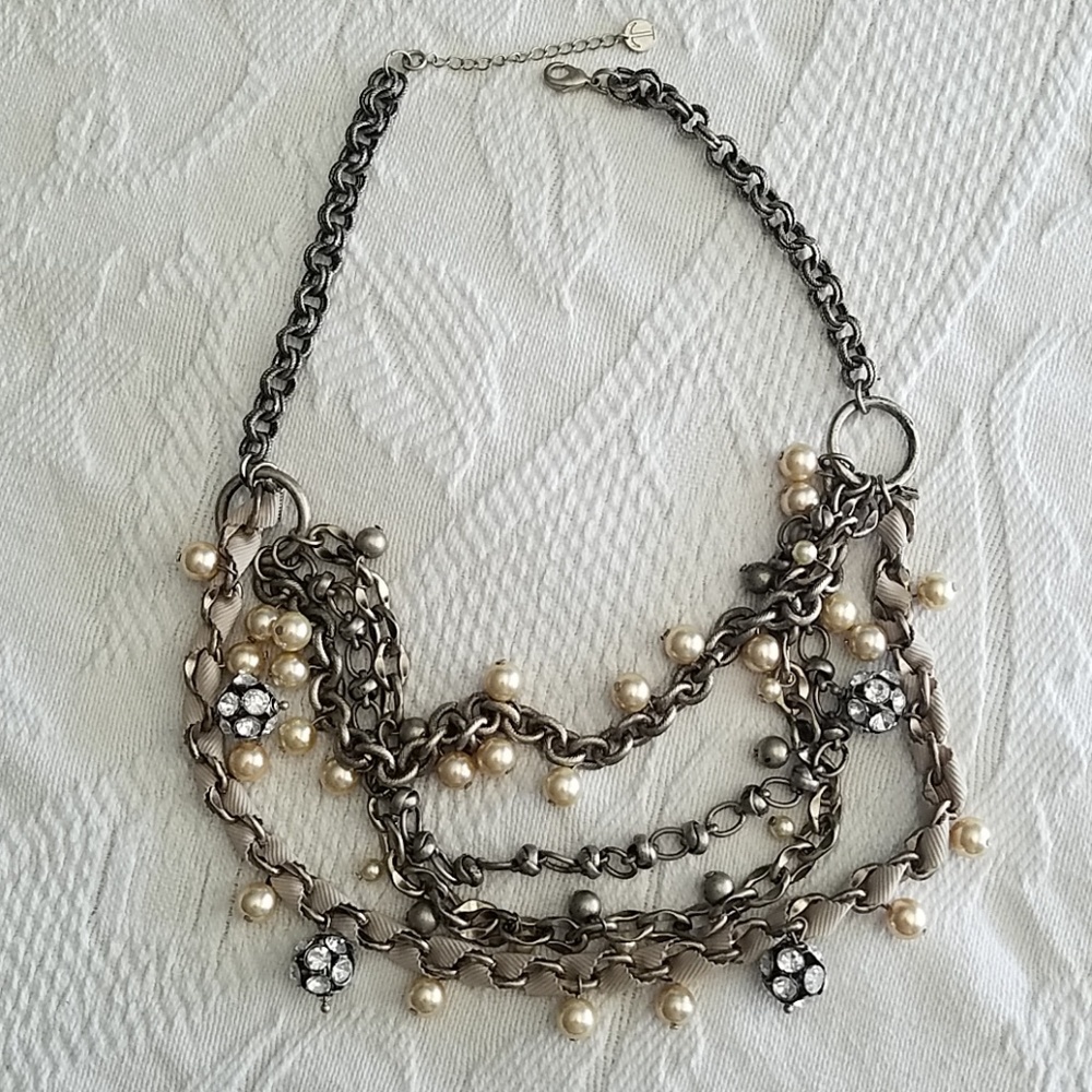 Talbots Pearl, Rhinestone and Ribbon Necklace